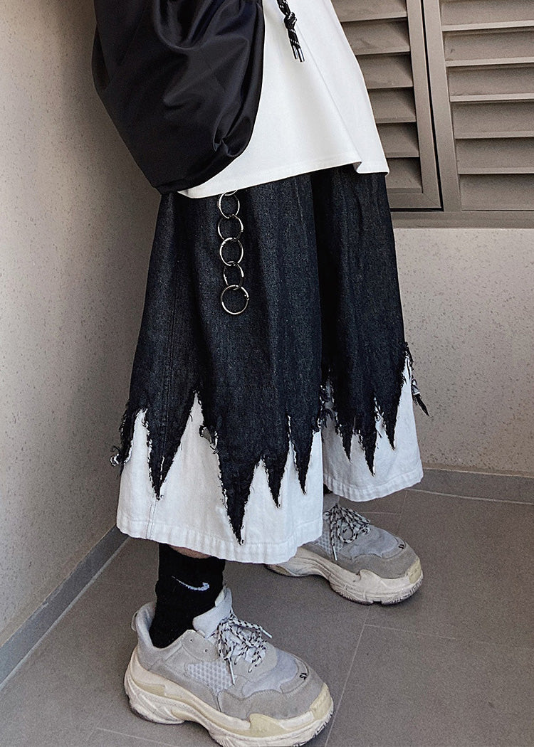 Cool Black Original Design Patchwork Denim Men Shorts Summer