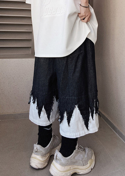 Cool Black Original Design Patchwork Denim Men Shorts Summer