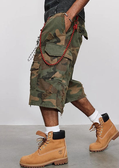 Cool Camouflage Hole Pockets High Waist Cotton Mens Crop Pants Summer