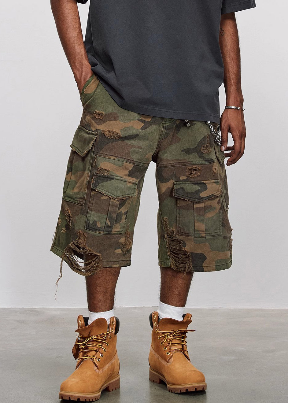 Cool Camouflage Hole Pockets High Waist Cotton Mens Crop Pants Summer