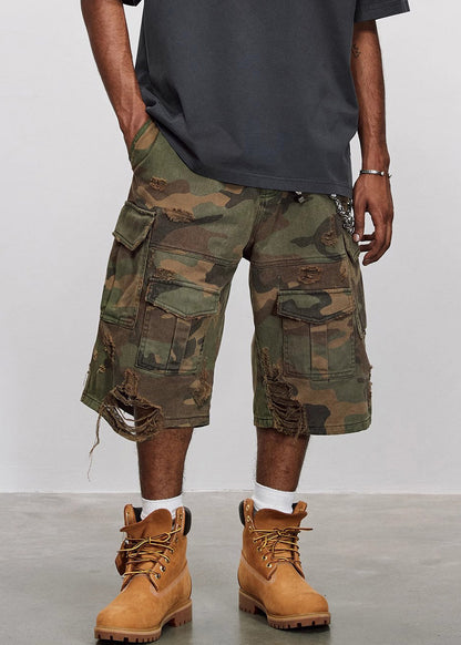 Cool Camouflage Hole Pockets High Waist Cotton Mens Crop Pants Summer