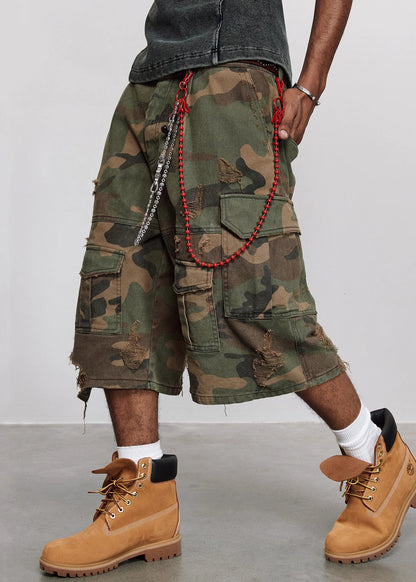 Cool Camouflage Hole Pockets High Waist Cotton Mens Crop Pants Summer