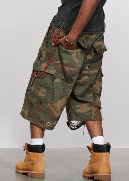 Cool Camouflage Hole Pockets High Waist Cotton Mens Crop Pants Summer
