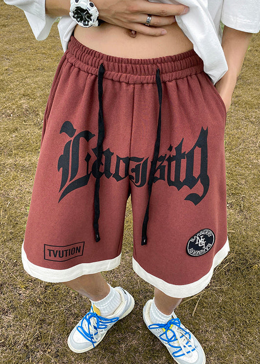 Cozy Orange Letter Elastic Waist Cotton Mens Shorts Summer