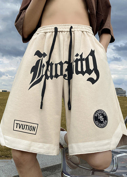 Cozy Orange Letter Elastic Waist Cotton Mens Shorts Summer