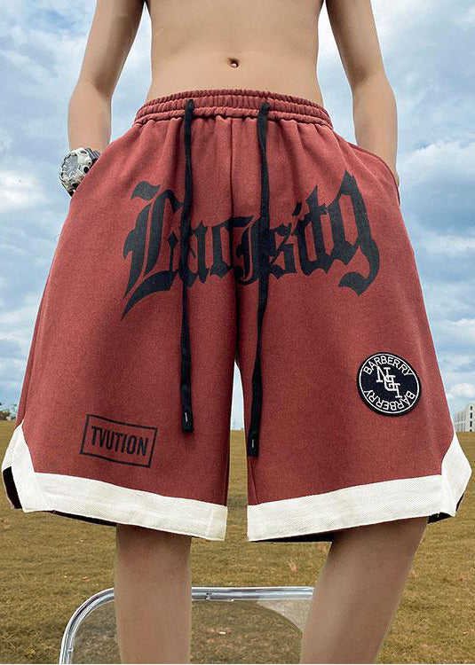 Cozy Orange Letter Elastic Waist Cotton Mens Shorts Summer