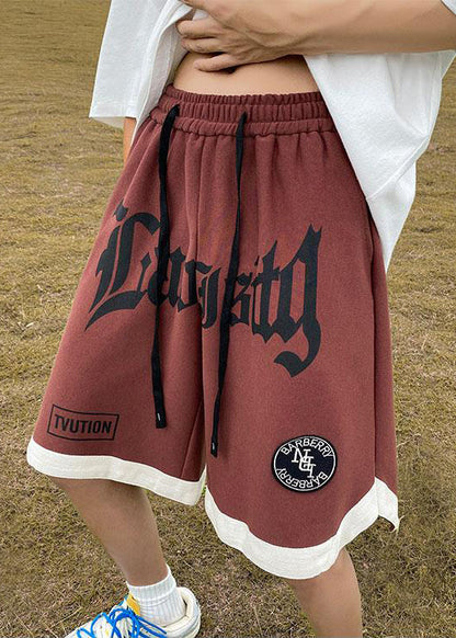 Cozy Orange Letter Elastic Waist Cotton Mens Shorts Summer