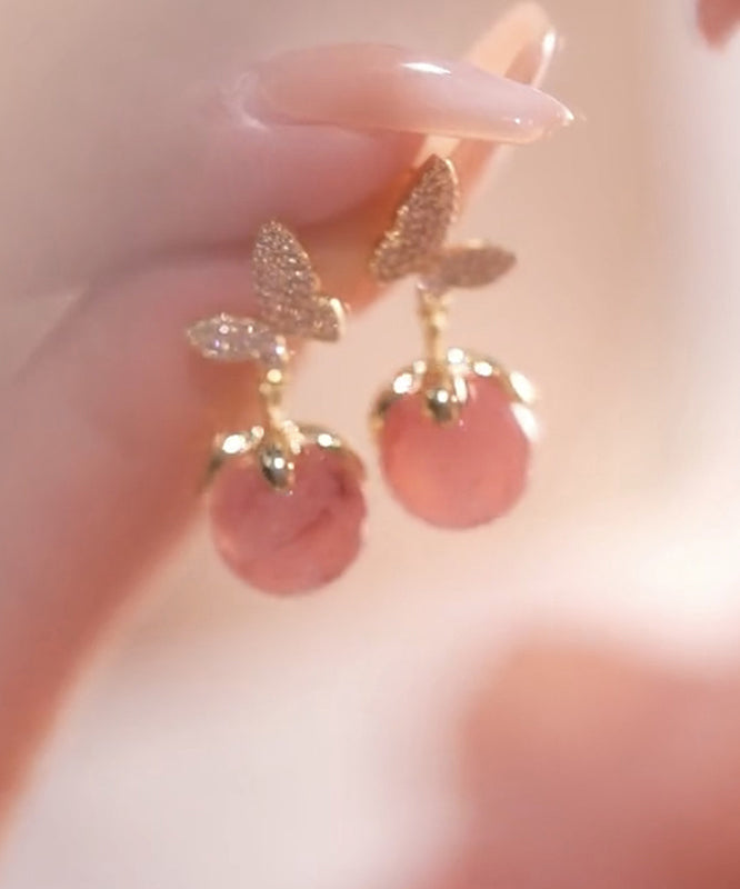 Alloy Butterfly Zircon Cat Eye Cute Stud Stone Earrings Pink