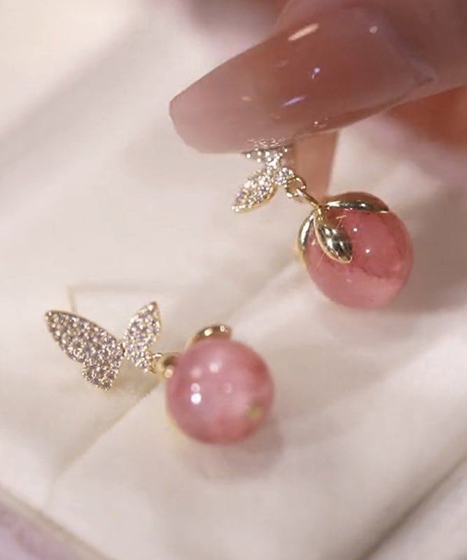 Alloy Butterfly Zircon Cat Eye Cute Stud Stone Earrings Pink