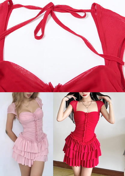 Cute Pink Square Collar Backless Mid Dresses Summer