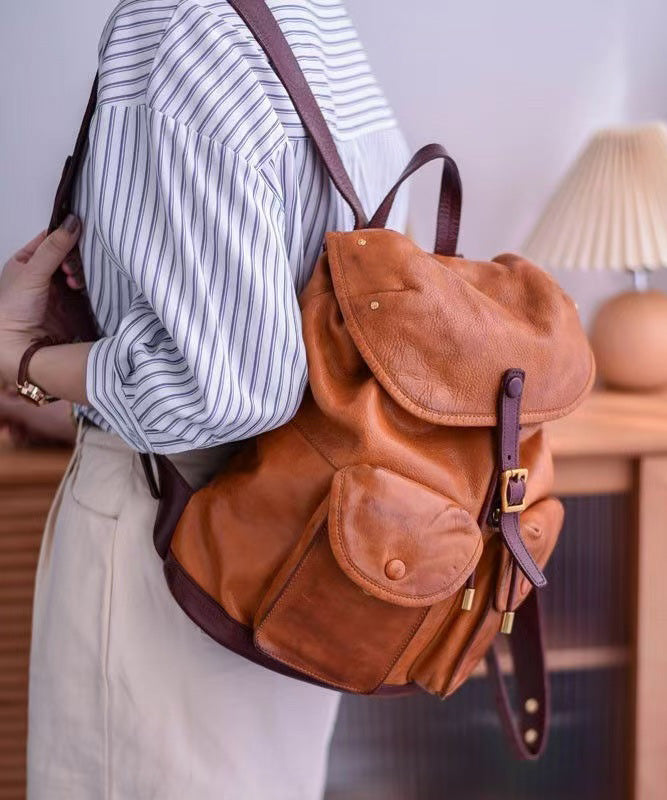 Bag Capacity DIY Backpack Pockets Leather Large Yellow