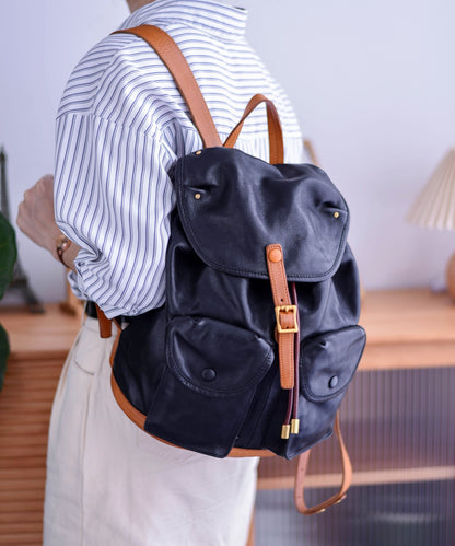 Bag Capacity DIY Backpack Pockets Leather Large Yellow