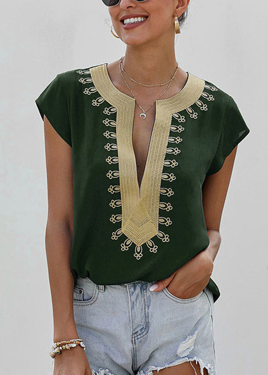 Elegant Neck Shirts Green Patchwork V Summer