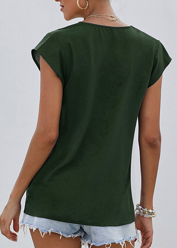 Elegant Neck Shirts Green Patchwork V Summer