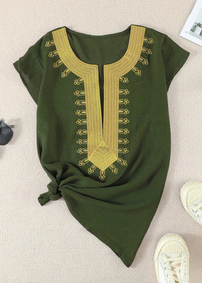 Elegant Neck Shirts Green Patchwork V Summer