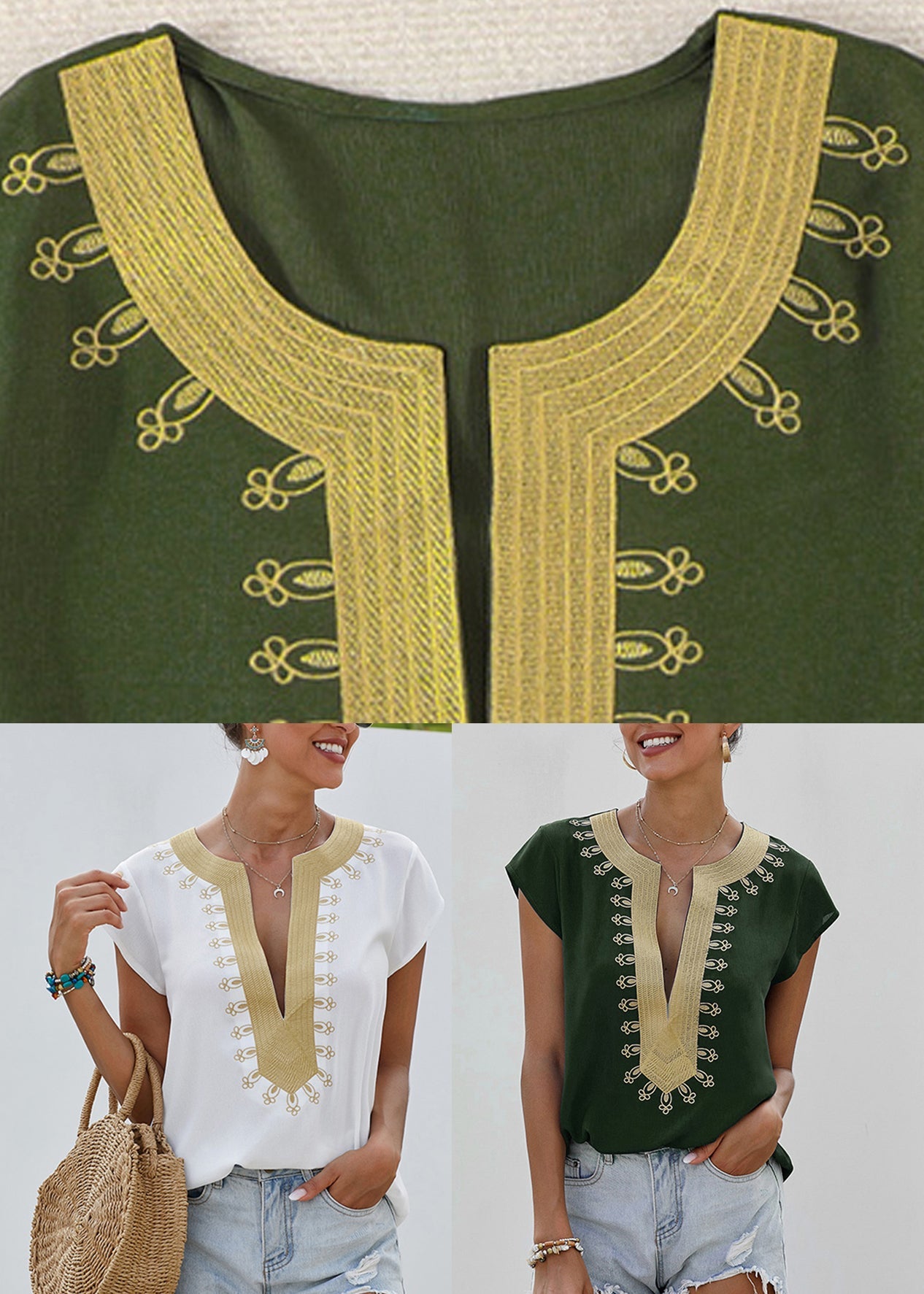 Elegant Neck Shirts Green Patchwork V Summer