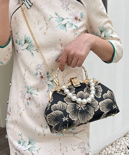 Khaki Elegant Handbag Pearl Tote Zircon Satin