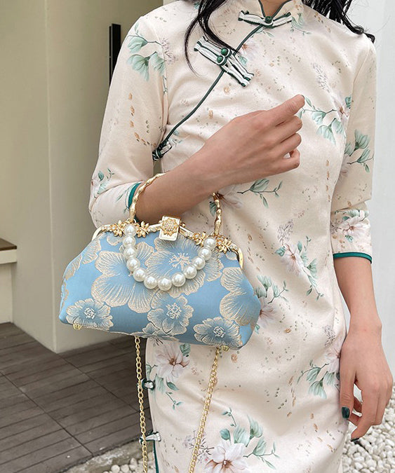 Khaki Elegant Handbag Pearl Tote Zircon Satin