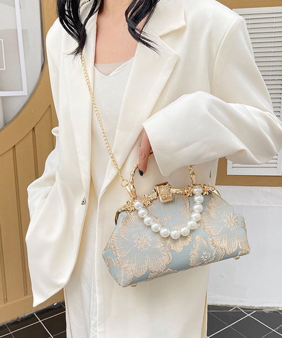 Khaki Elegant Handbag Pearl Tote Zircon Satin