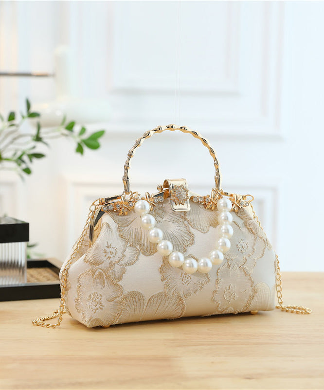 Khaki Elegant Handbag Pearl Tote Zircon Satin