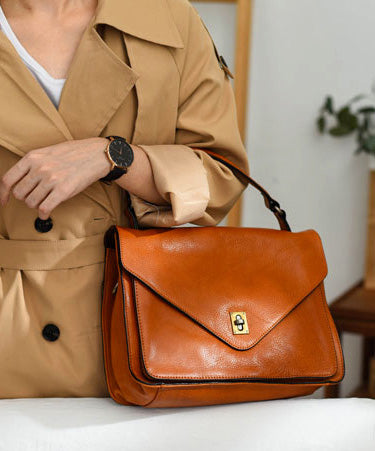 Handbag Elegant Tote Leather Solid Orange Durable