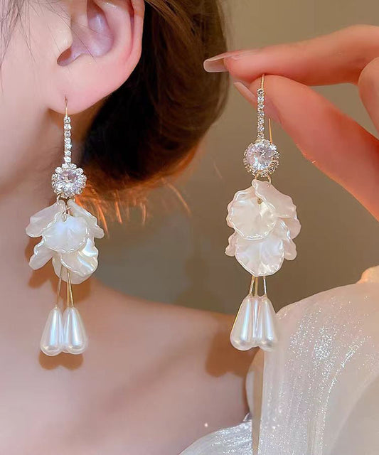 Pearl Drop Shell Zircon Acrylic White Elegant Copper Tassel Earrings