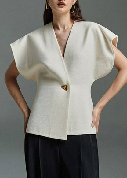 Elegant White V Neck Button Top Summer