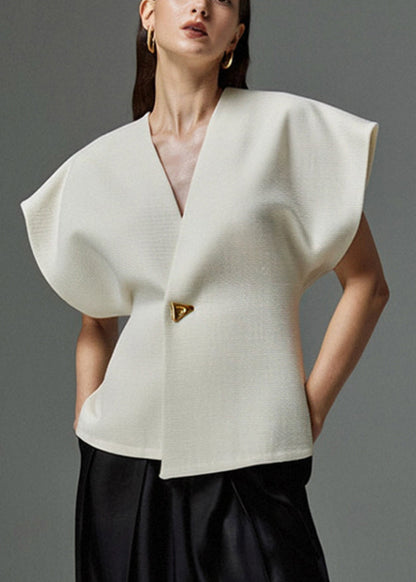 Elegant White V Neck Button Top Summer