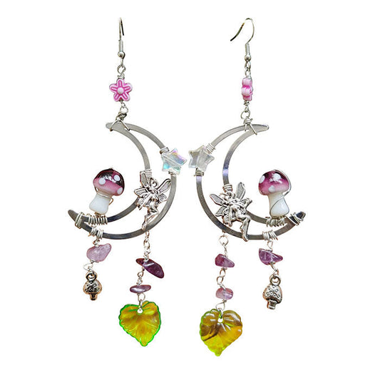 Boucles d'oreilles lune fleurie en forme de champignon