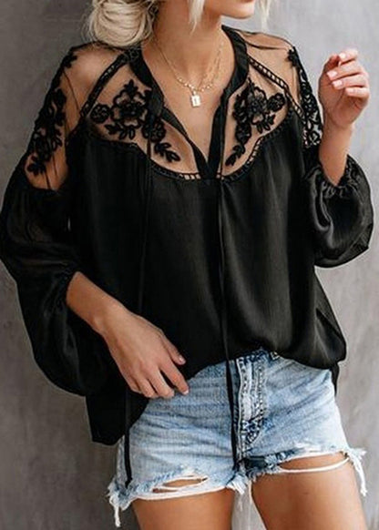 Tops Floral Black Chiffon Lantern V Sleeve Neck Fashion