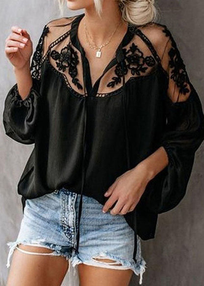 Tops Floral Black Chiffon Lantern V Sleeve Neck Fashion
