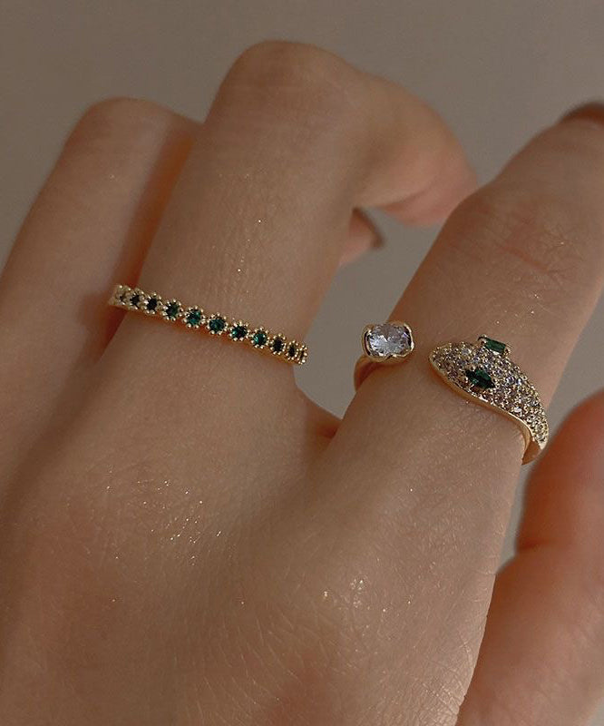 Open Silver Sterling Gold Zircon Overgild Gem Fashion Two-Piece Stone Rings Set