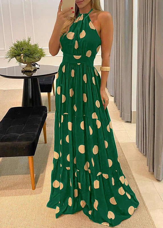Green Halter Fashion Dot Maxi Backless Print Sleeveless Dress