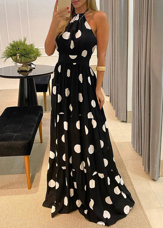 Green Halter Fashion Dot Maxi Backless Print Sleeveless Dress