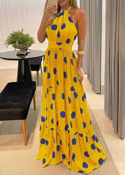 Green Halter Fashion Dot Maxi Backless Print Sleeveless Dress