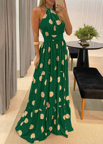 Green Halter Fashion Dot Maxi Backless Print Sleeveless Dress