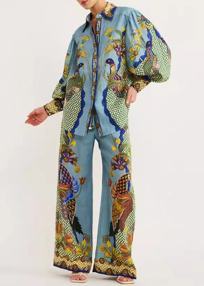 Leg Fashion Set Pieces Pan Pants Green Wide Peter Collar And Fall Two Shirts Print