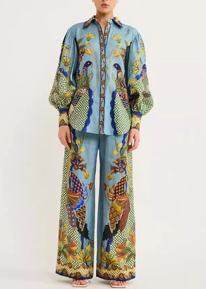 Leg Fashion Set Pieces Pan Pants Green Wide Peter Collar And Fall Two Shirts Print