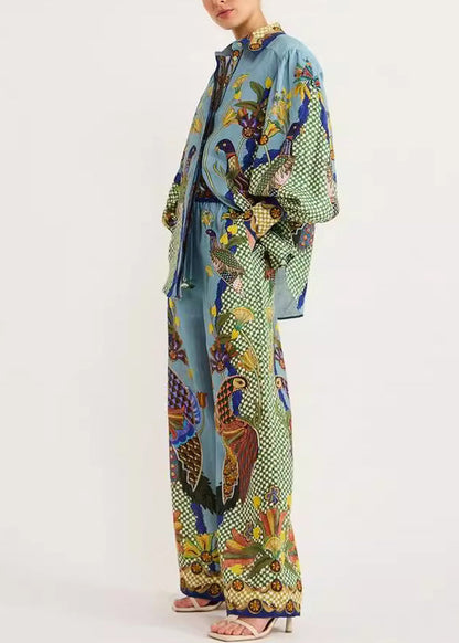 Leg Fashion Set Pieces Pan Pants Green Wide Peter Collar And Fall Two Shirts Print