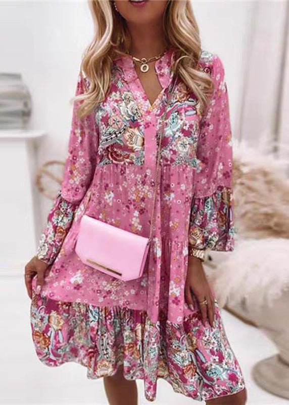 Fashion Pink V Neck Print Wrinkled Mid Dresses Fall