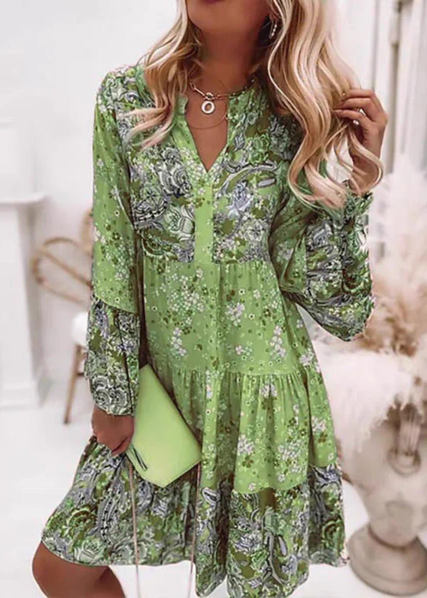 Fashion Pink V Neck Print Wrinkled Mid Dresses Fall