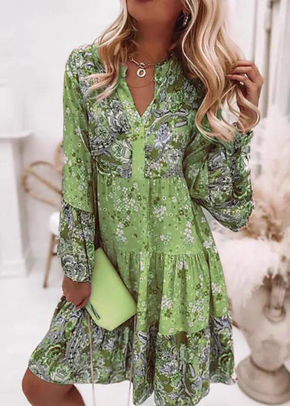 Fashion Pink V Neck Print Wrinkled Mid Dresses Fall