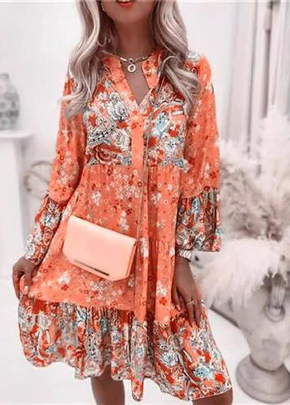Fashion Pink V Neck Print Wrinkled Mid Dresses Fall
