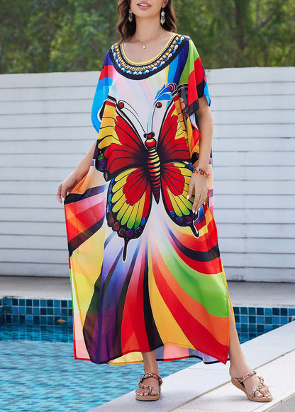 Fashion Rainbow Butterfly Print Side Open Maxi Dress Summer