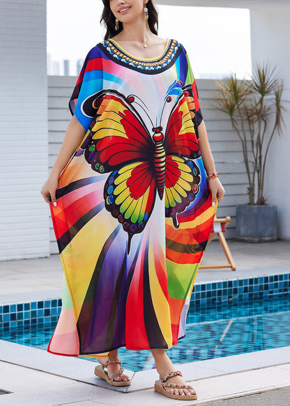Fashion Rainbow Butterfly Print Side Open Maxi Dress Summer
