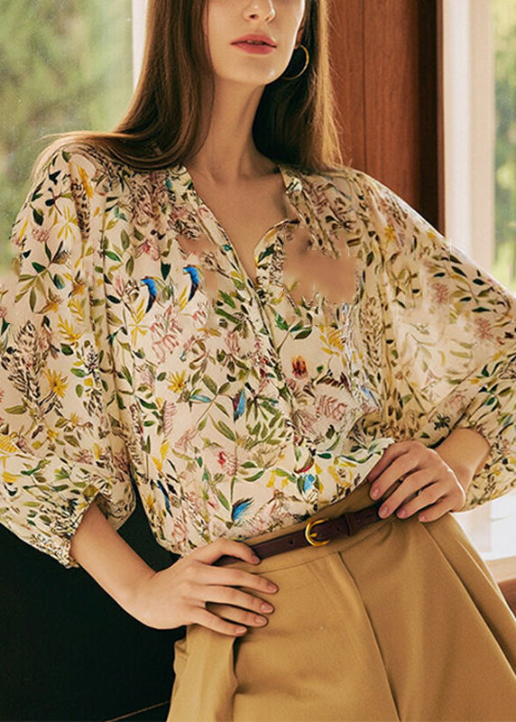 Fashion V Neck Print Shirts Lantern Sleeve