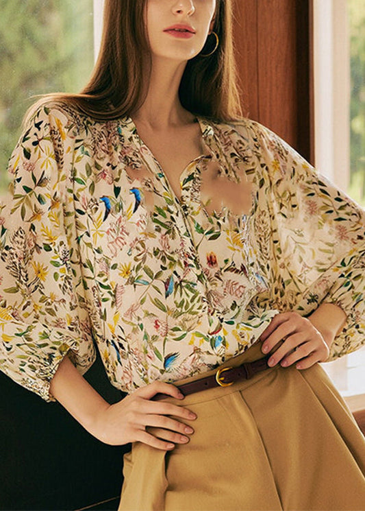 Fashion V Neck Print Shirts Lantern Sleeve