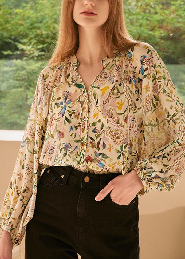 Fashion V Neck Print Shirts Lantern Sleeve