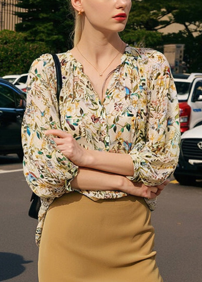 Fashion V Neck Print Shirts Lantern Sleeve