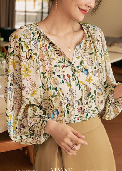 Fashion V Neck Print Shirts Lantern Sleeve